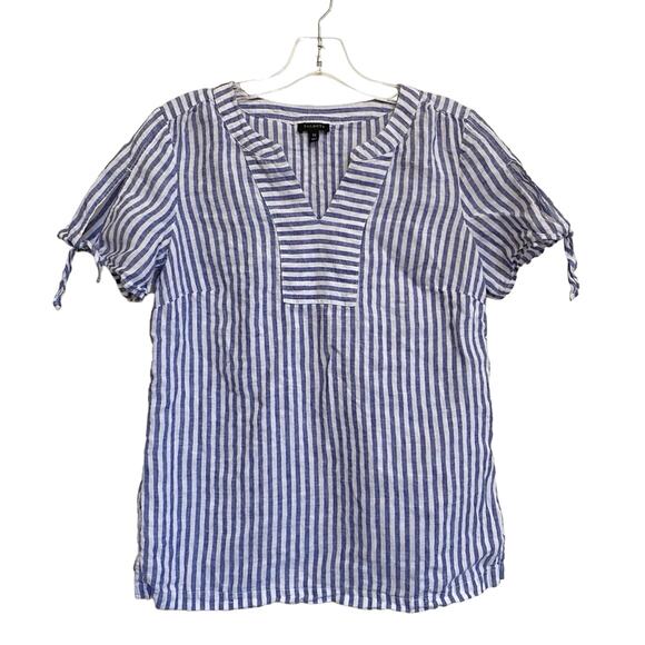 Talbots Linen White blue stripe tie sleeve top SIze XS - Picture 4 of 10